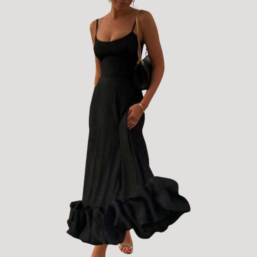 Women’s strappy ruffle hem midi wedding guest dress