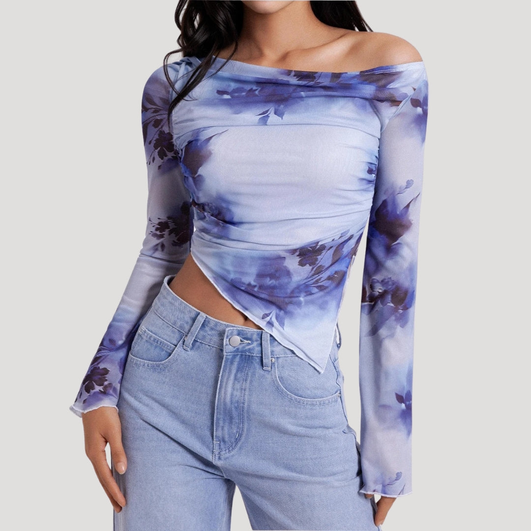 Off-shoulder blue floral mesh top