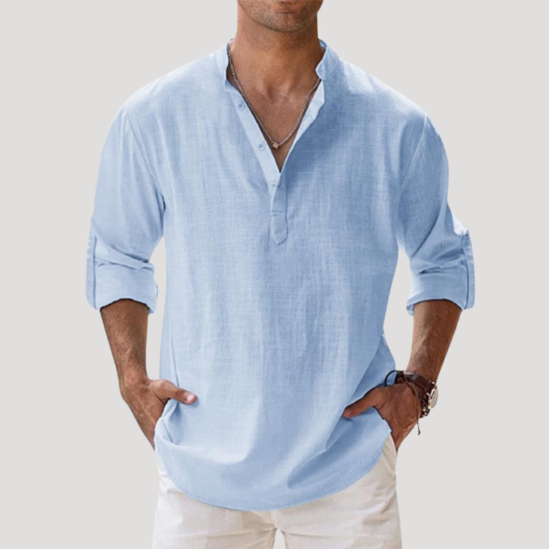 Men's spring long sleeve linen polo shirt