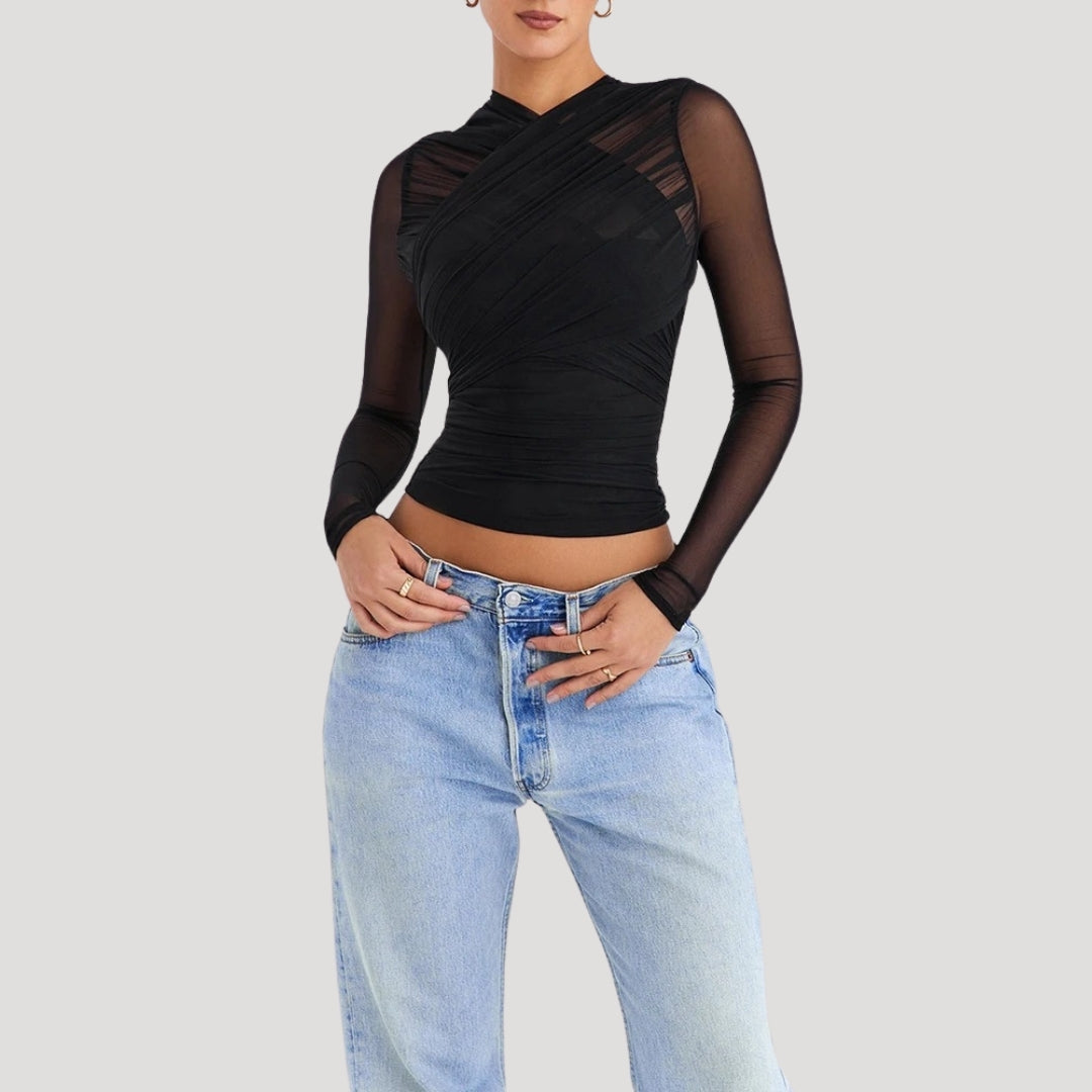 Sheer mesh long sleeve wrap top