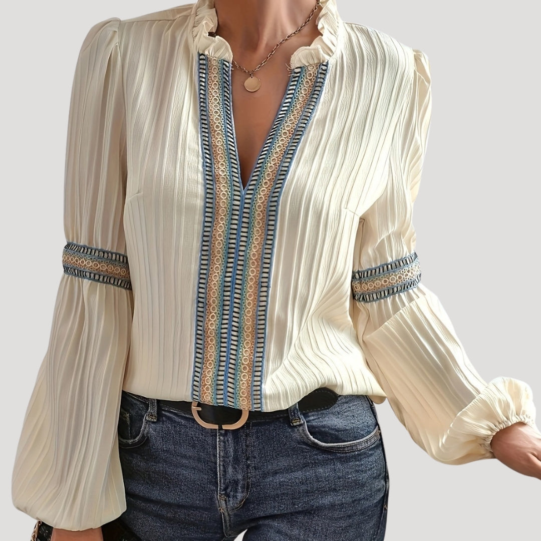 Women’s embroidered long sleeve v neck cream blouse