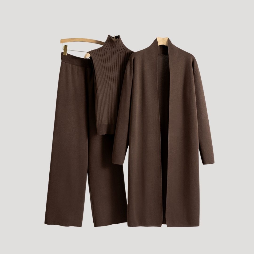 Women’s knitted co ord longline cardigan turtleneck jumper trousers