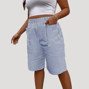 Striped linen-blend elastic waist shorts