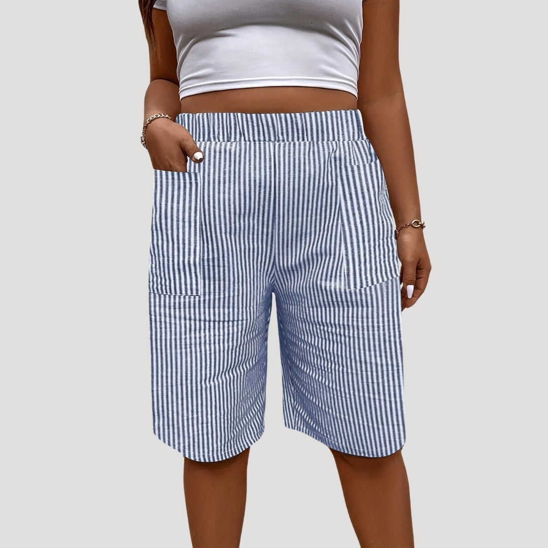 Striped linen-blend elastic waist shorts