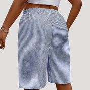 Striped linen-blend elastic waist shorts