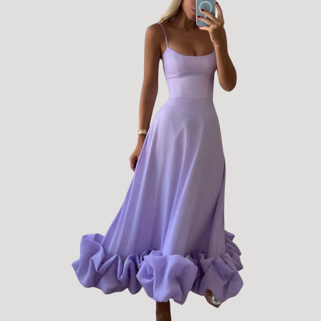 Women’s strappy ruffle hem midi wedding guest dress