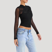 Sheer mesh long sleeve wrap top