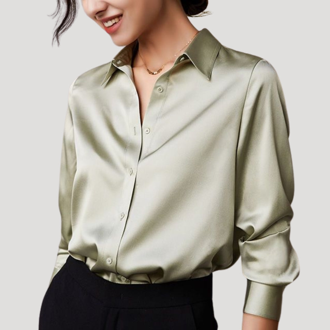 Women’s satin long sleeve button front blouse