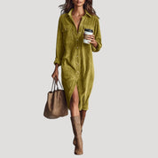 Women’s corduroy long sleeve midi shirt dress