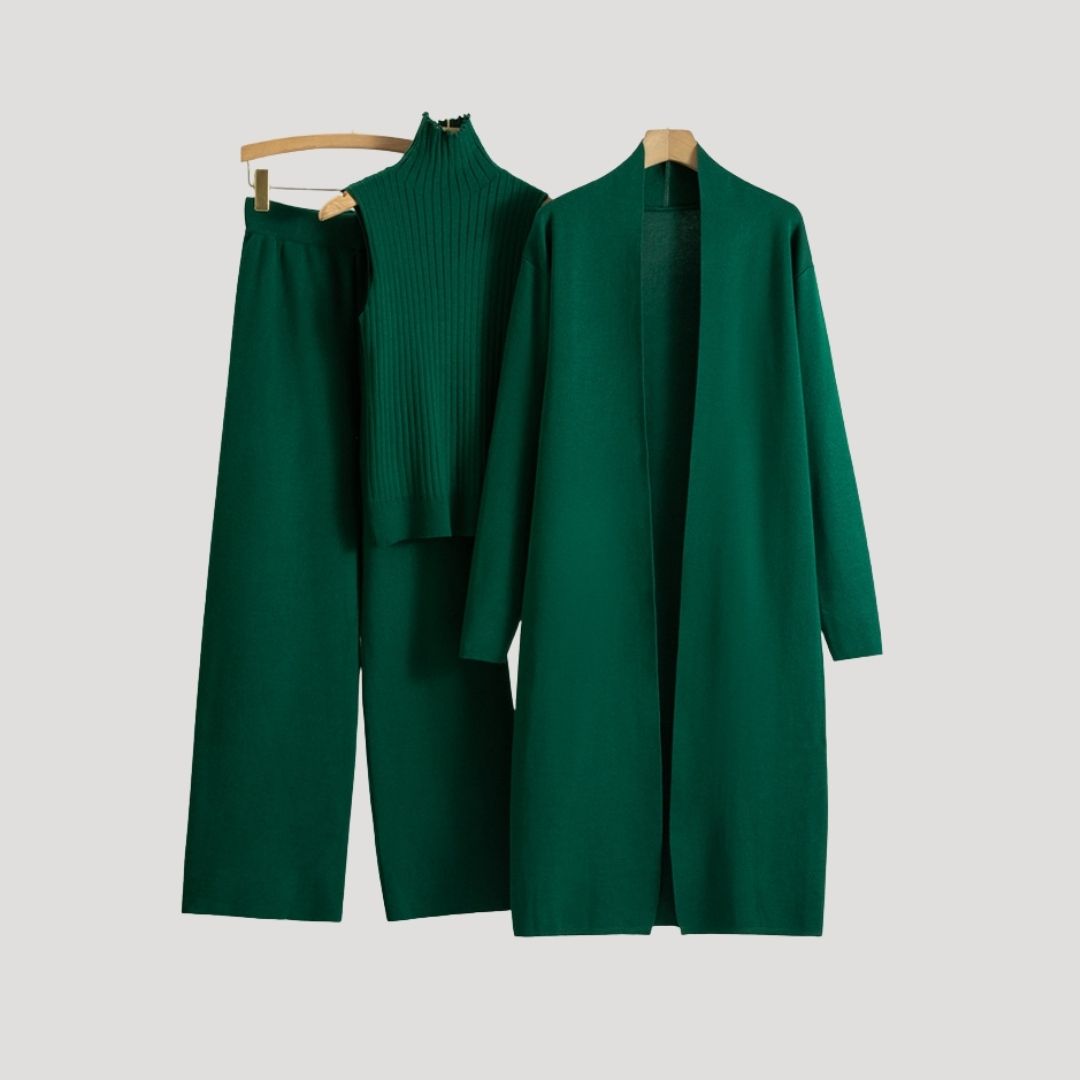 Women’s knitted co ord longline cardigan turtleneck jumper trousers