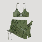 Green marble bikini set with ruched skirt