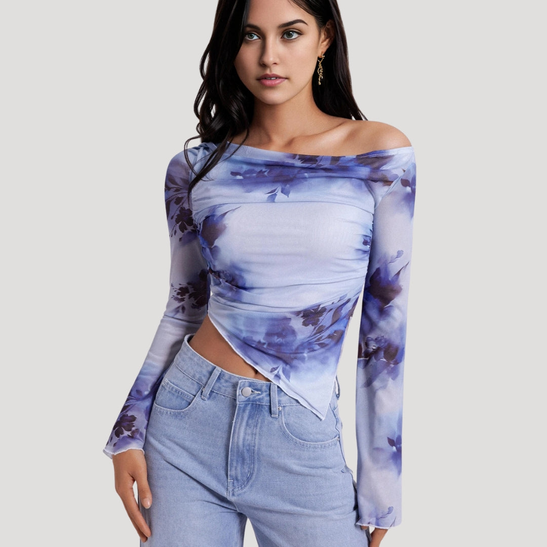 Off-shoulder blue floral mesh top