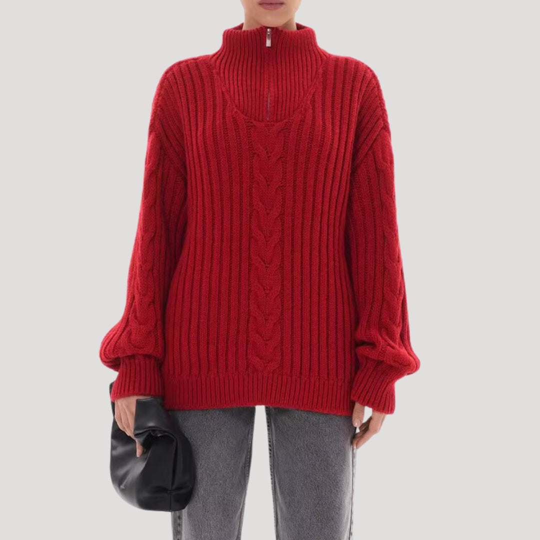 Women zip-neck cable-knit sweater