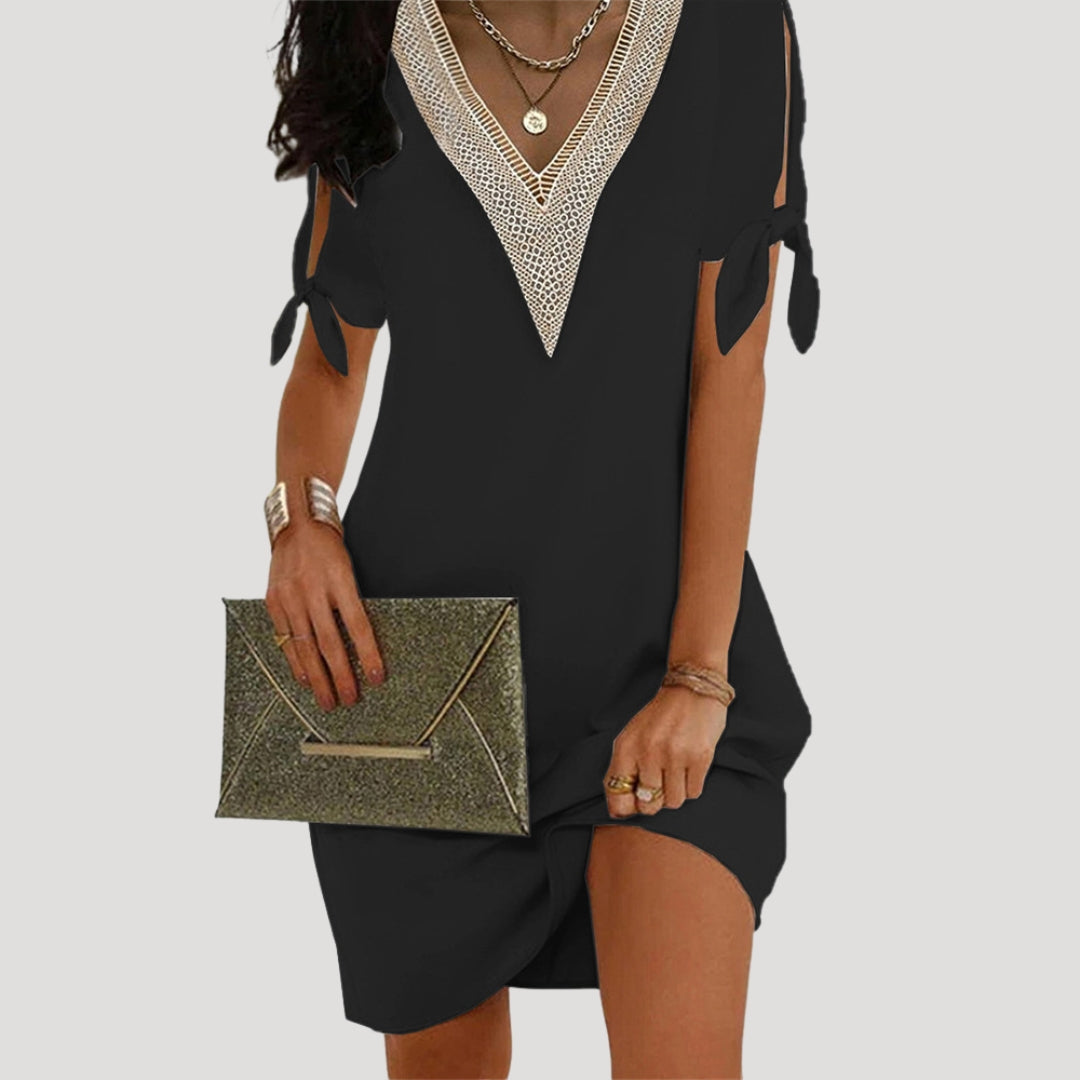 Women’s v neck lace trim short sleeve midi dress