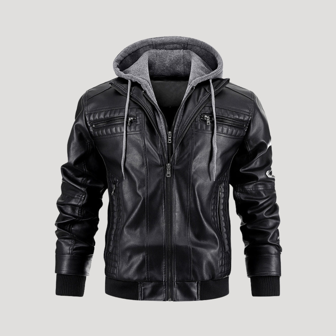 Men’s leather bomber jacket with hood