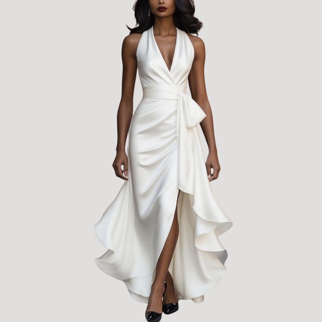 Women’s satin halter wrap midi wedding guest dress