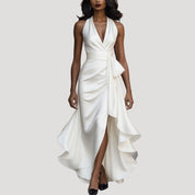 Women’s satin halter wrap midi wedding guest dress