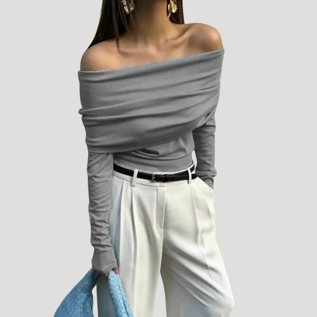 Off-shoulder drape long sleeve top