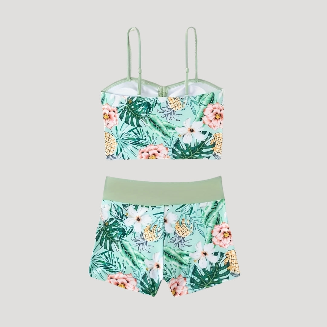 Floral print swim shorts set with ruched top