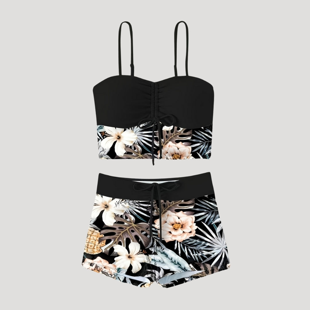 Floral print swim shorts set with ruched top