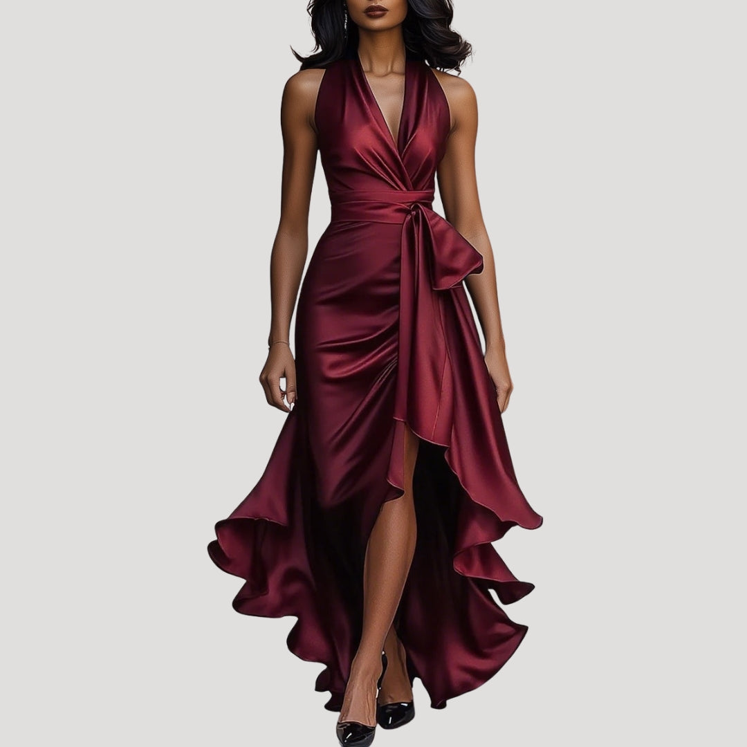 Women’s satin halter wrap midi wedding guest dress