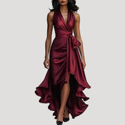Women’s satin halter wrap midi wedding guest dress