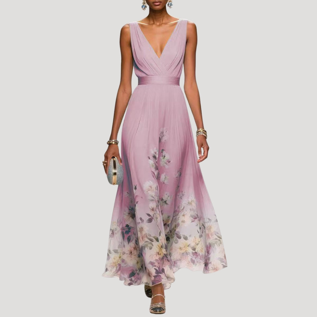 Women’s sleeveless v neck floral chiffon maxi dress