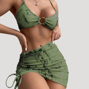 Green marble bikini set with ruched skirt