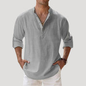 Men's spring long sleeve linen polo shirt