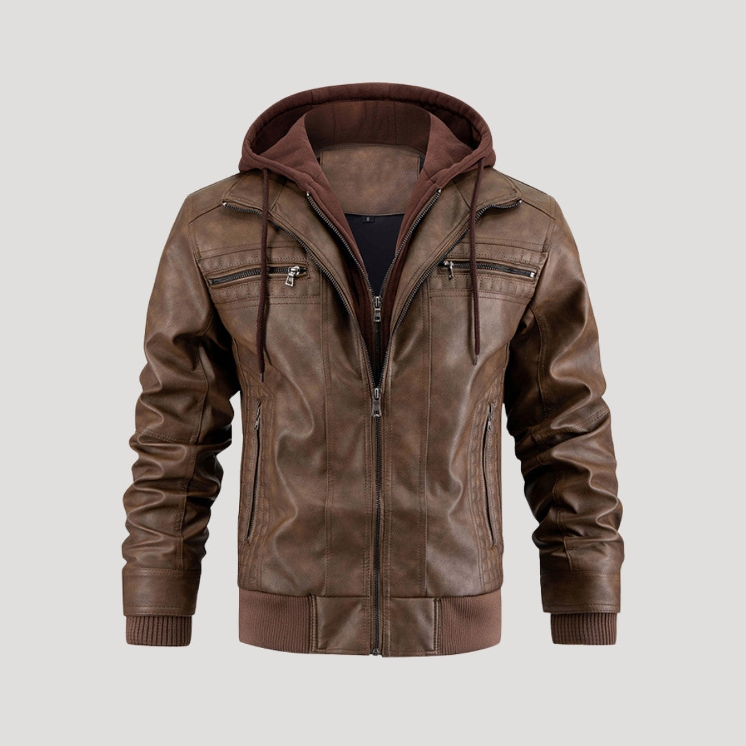 Men’s leather bomber jacket with hood