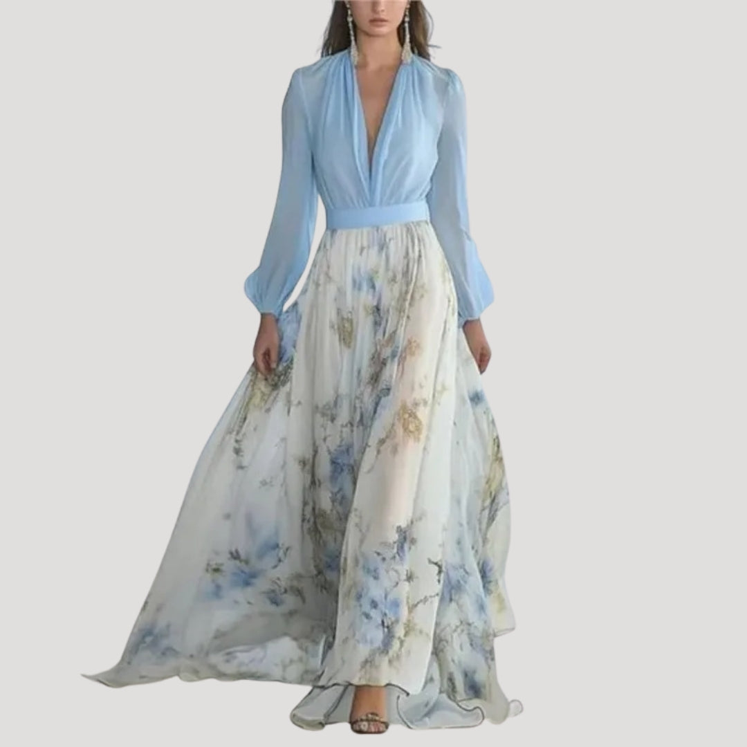 Women’s blue chiffon maxi wedding guest dress with sleeves