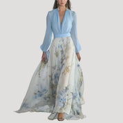 Women’s blue chiffon maxi wedding guest dress with sleeves