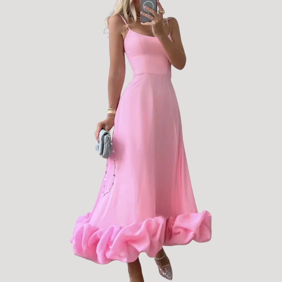 Women’s strappy ruffle hem midi wedding guest dress