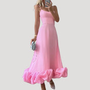Women’s strappy ruffle hem midi wedding guest dress