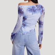 Off-shoulder blue floral mesh top