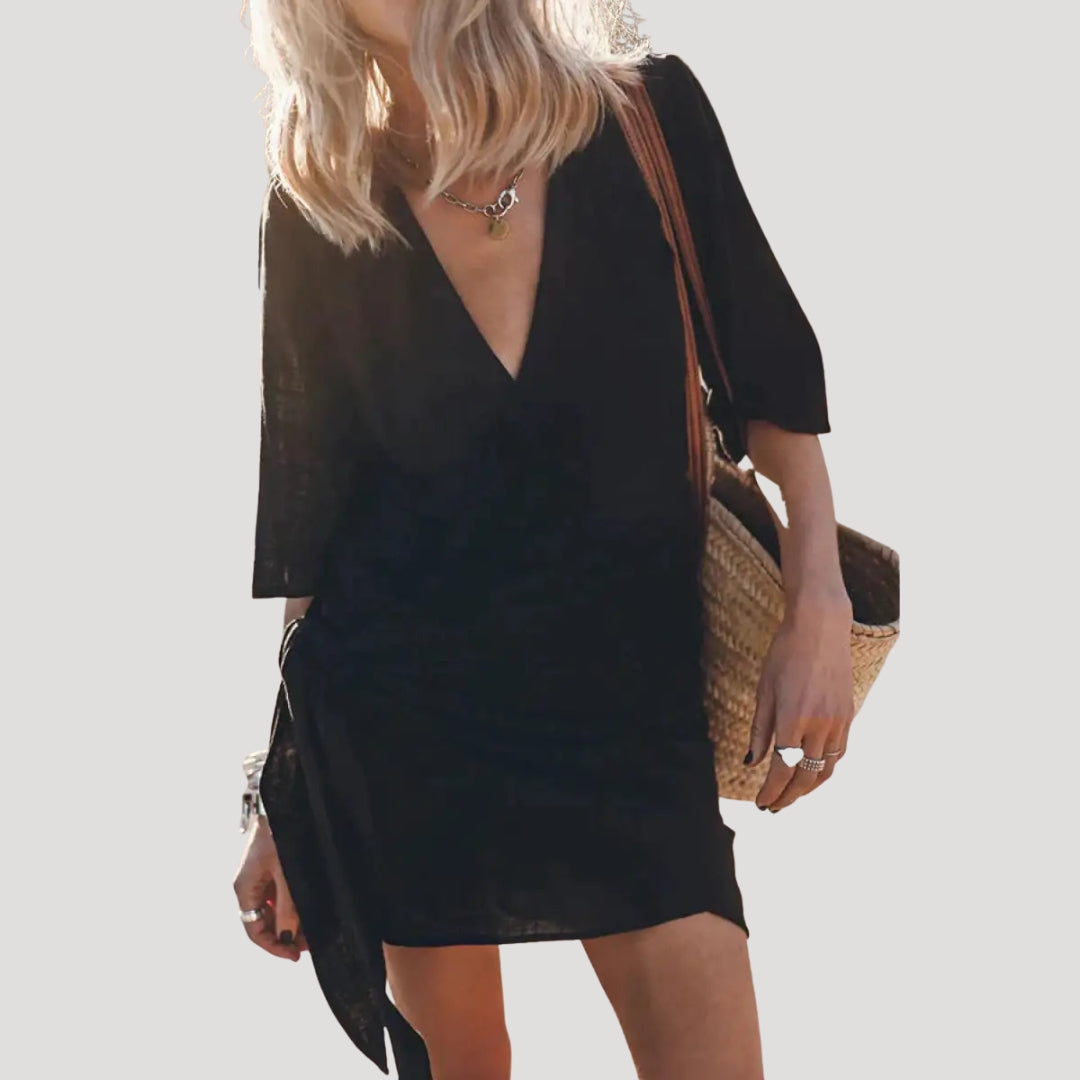 Women’s short sleeve wrap mini holiday dress