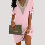 Women’s v neck lace trim short sleeve midi dress