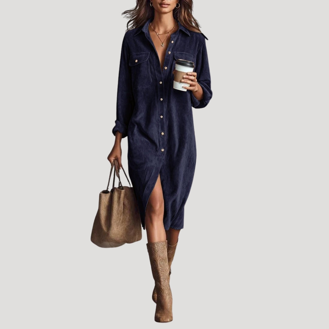Women’s corduroy long sleeve midi shirt dress