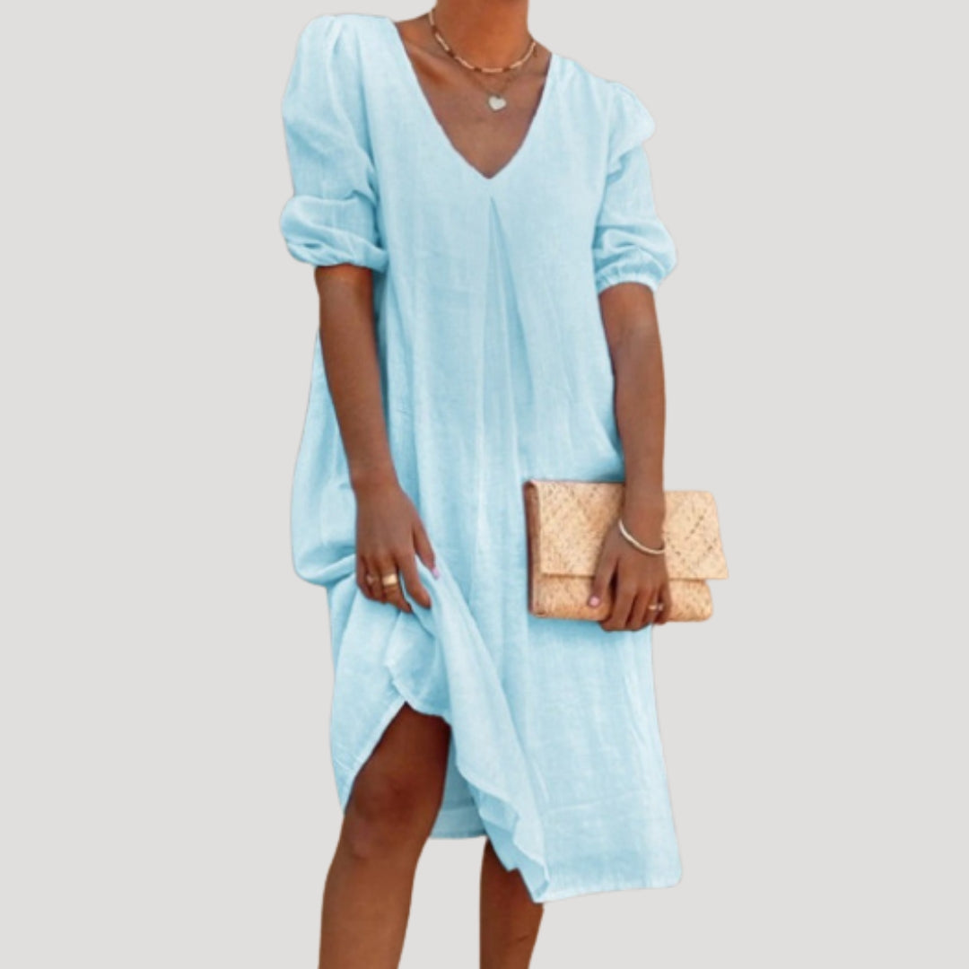 Women’s linen v neck puff sleeve midi dress