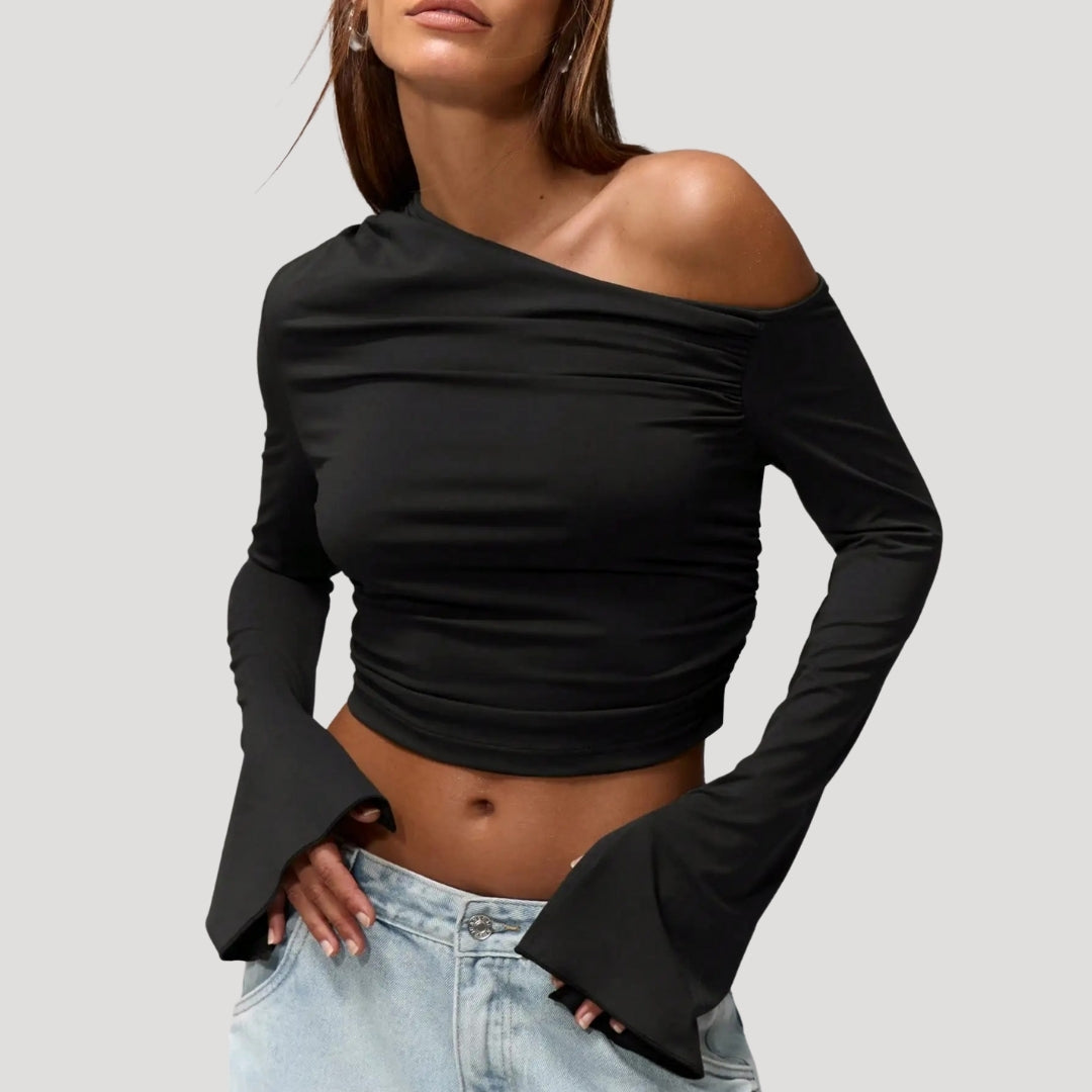 One shoulder bell sleeve crop top