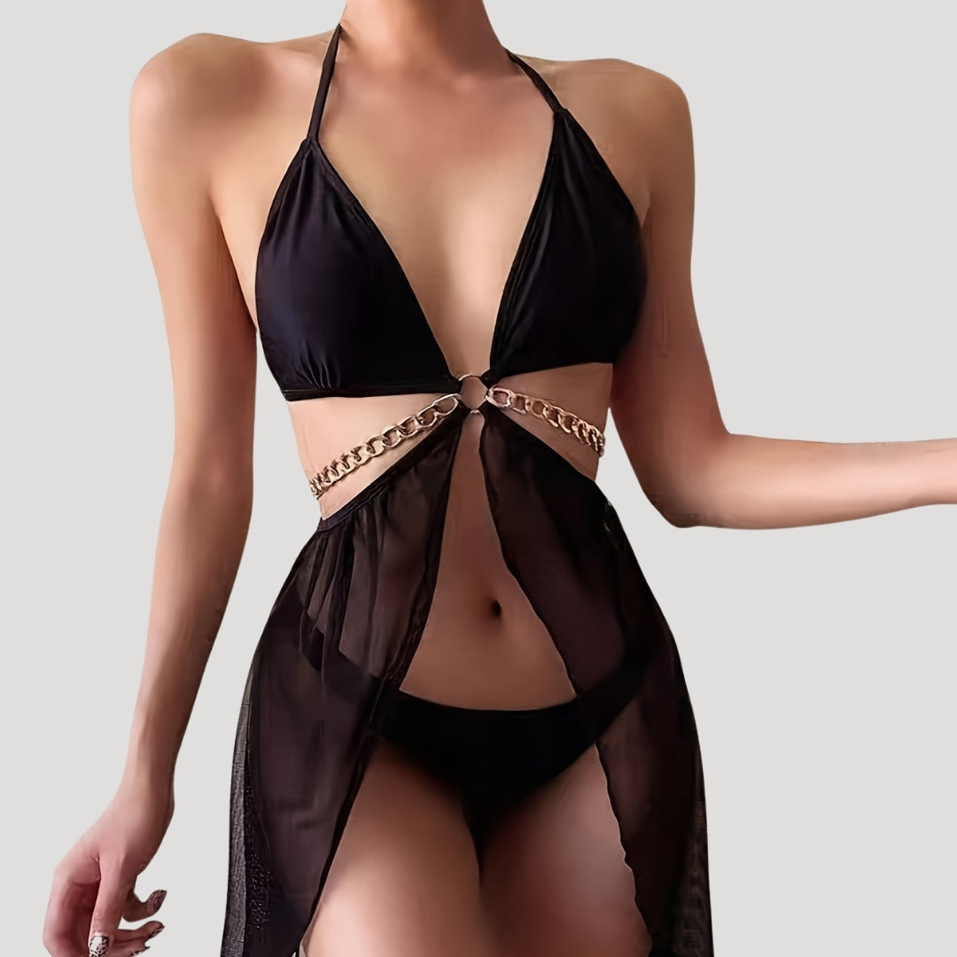 Sheer chain-detail three-piece bikini set