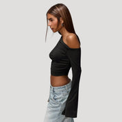 One shoulder bell sleeve crop top