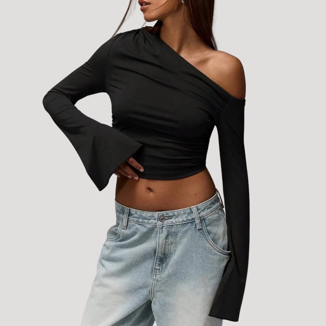 One shoulder bell sleeve crop top