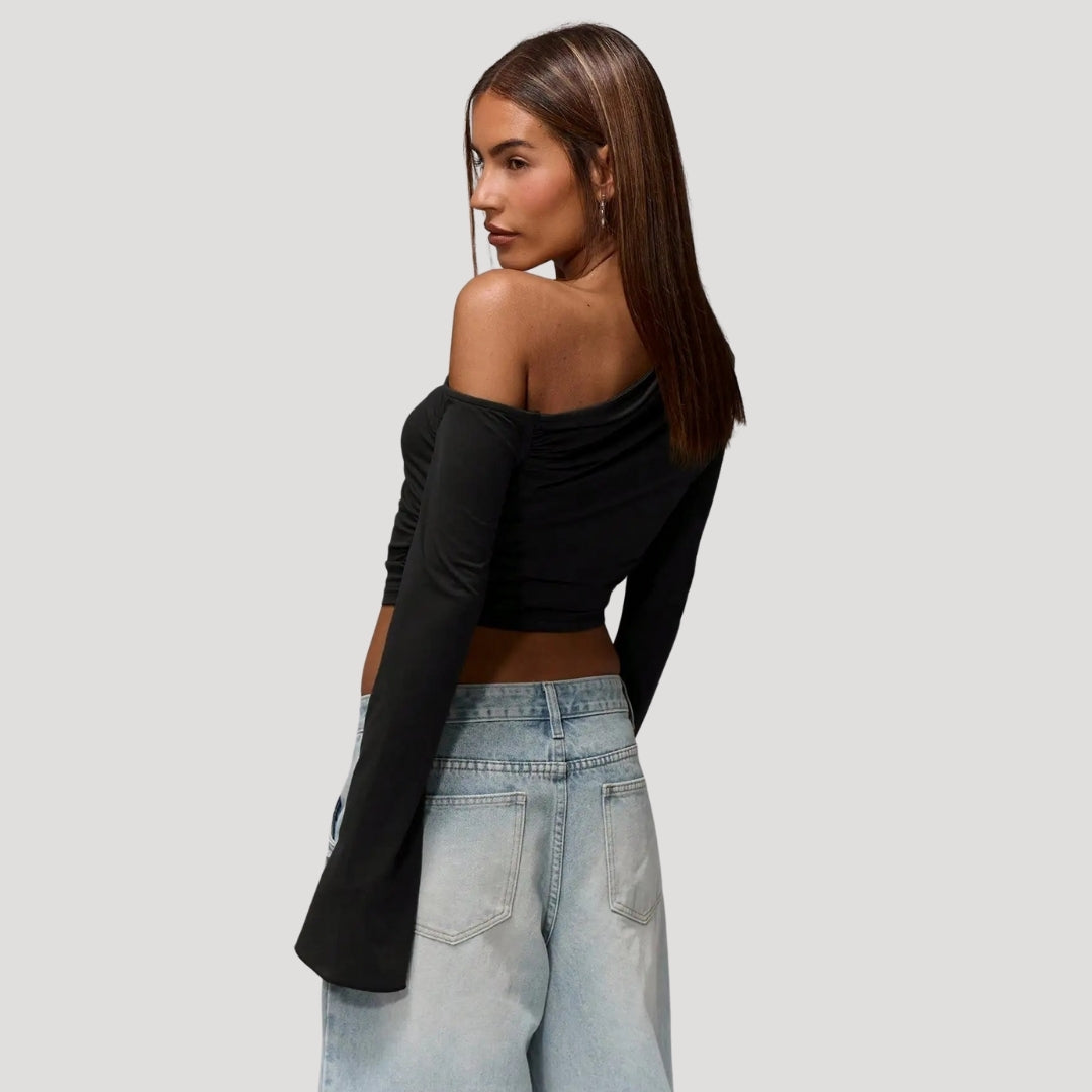 One shoulder bell sleeve crop top