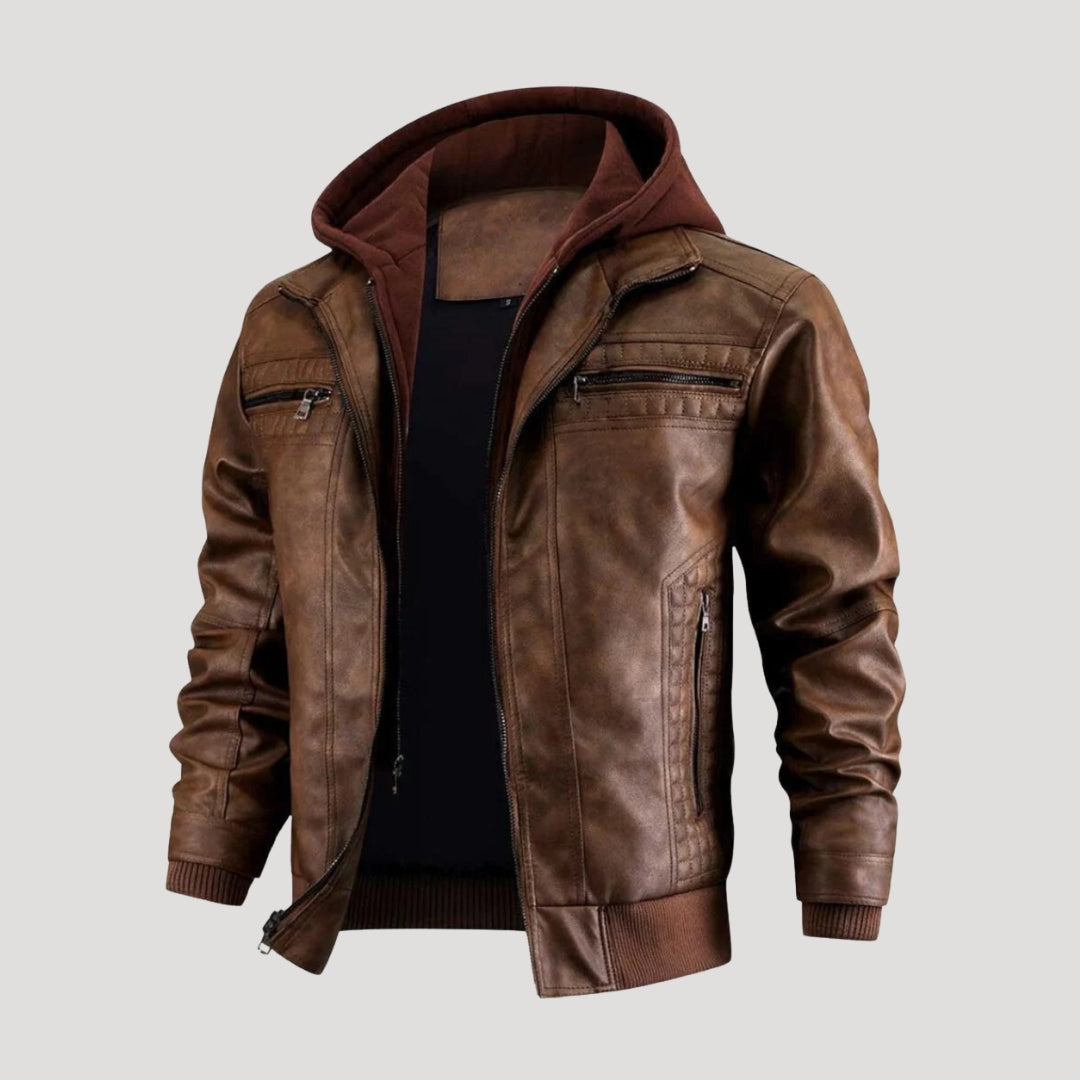 Men’s leather bomber jacket with hood