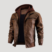 Men’s leather bomber jacket with hood