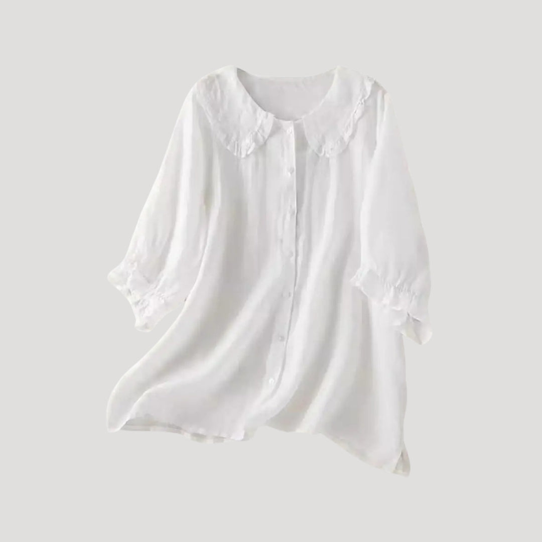 Women’s linen blend blouse long sleeve ruffle collar top