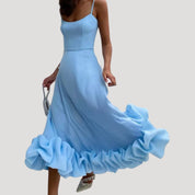 Women’s strappy ruffle hem midi wedding guest dress