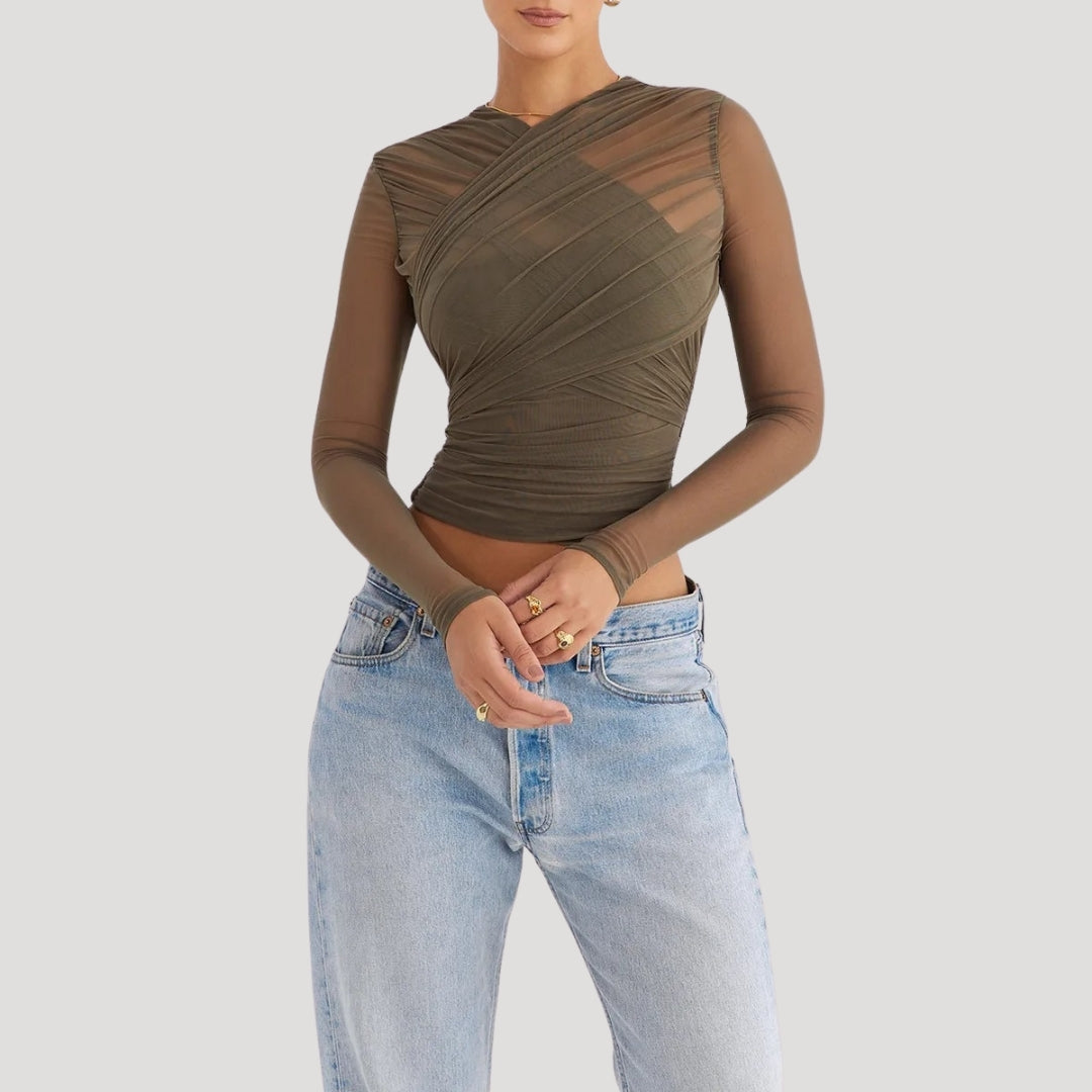 Sheer mesh long sleeve wrap top