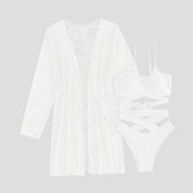 Elegant three-piece bikini set with sheer cover-up